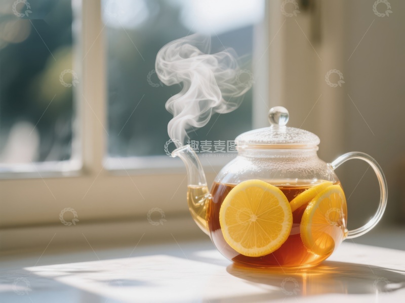 高清大图下载【趣麦麦图】热气腾腾的柠檬茶壶