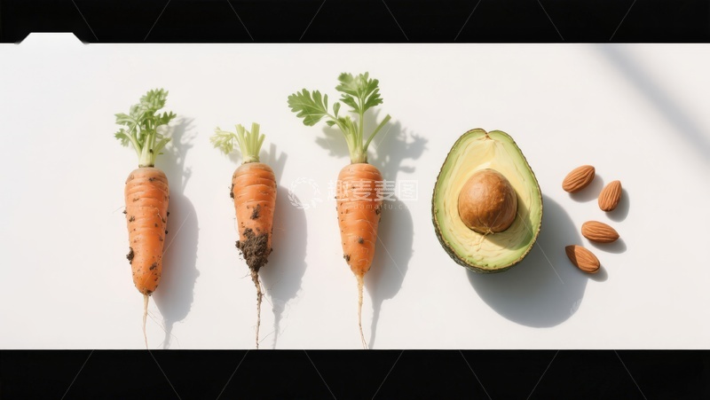 高清大图下载【趣麦麦图】胡萝卜、牛油果与坚果排列展示