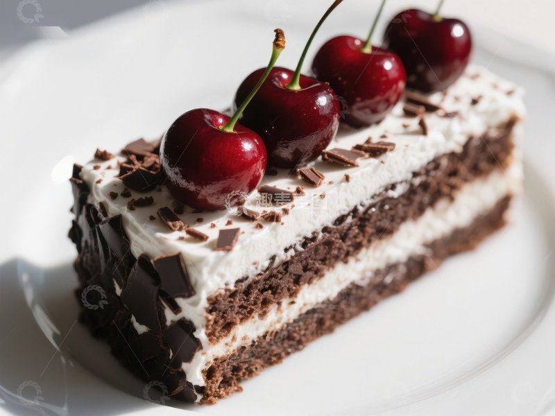 高清大图下载【趣麦麦图】黑森林蛋糕切片，樱桃与奶油装饰