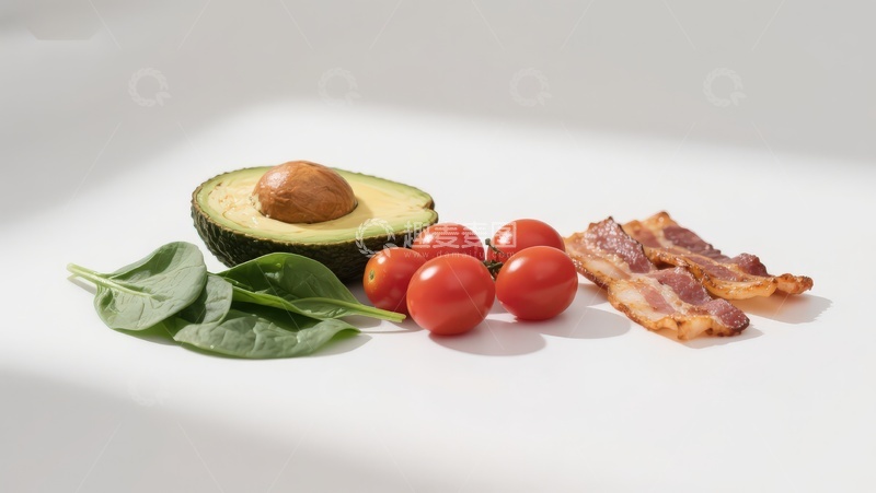 高清大图下载【趣麦麦图】新鲜食材组合：牛油果、樱桃番茄、培根与菠菜