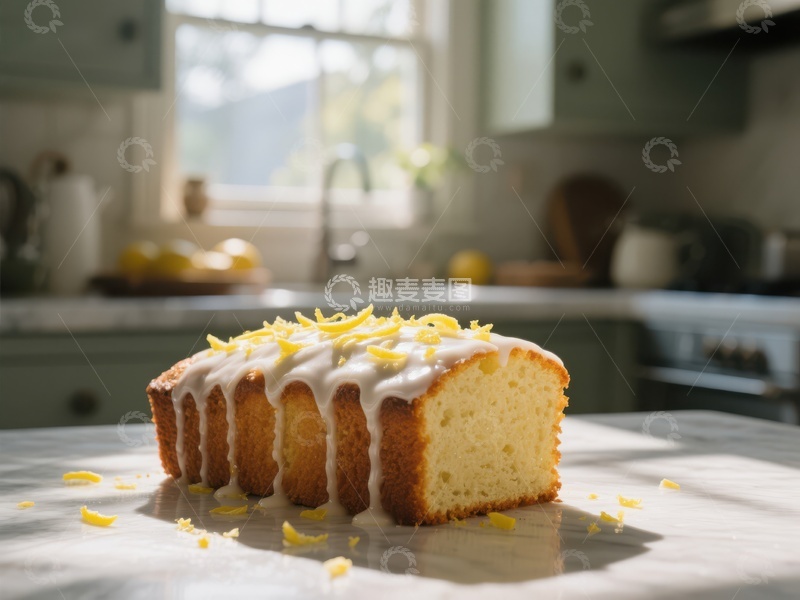 高清大图下载【趣麦麦图】柠檬蛋糕切片，厨房窗边