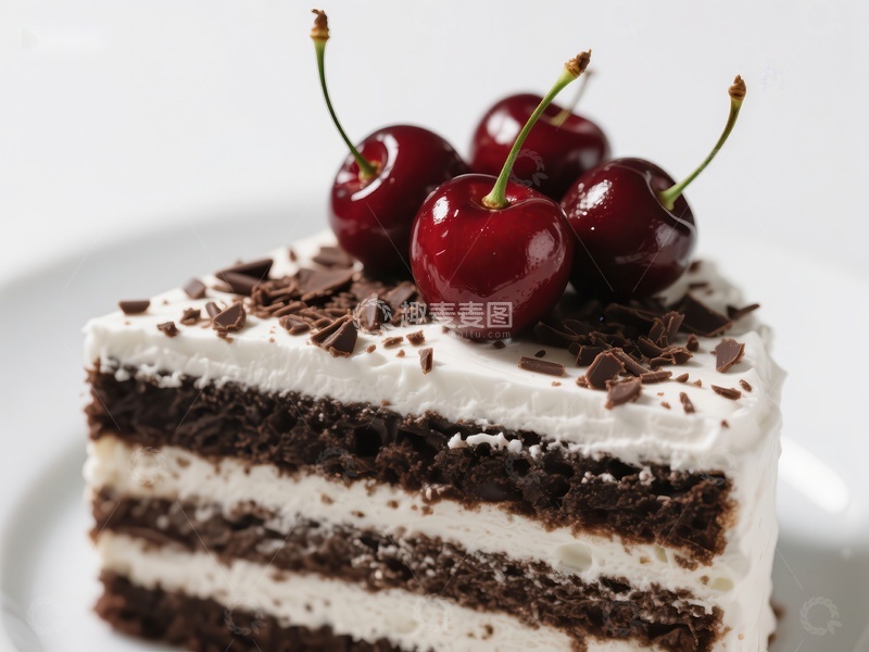 高清大图下载【趣麦麦图】黑森林蛋糕切片，顶部装饰樱桃