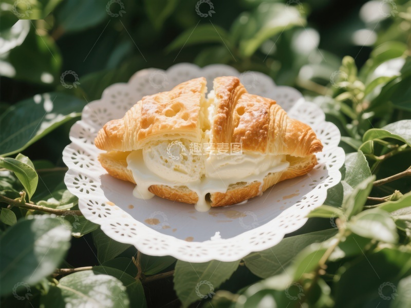 高清大图下载【趣麦麦图】奶油夹心羊角面包置于绿叶间