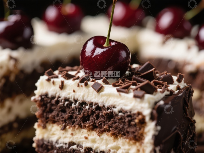 高清大图下载【趣麦麦图】黑森林蛋糕切块，顶部点缀樱桃