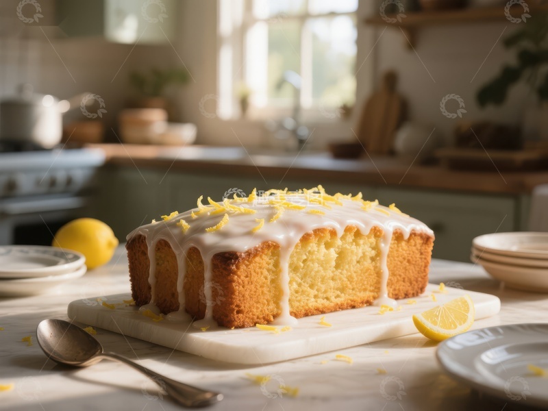 高清大图下载【趣麦麦图】柠檬蛋糕切片，厨房温馨场景