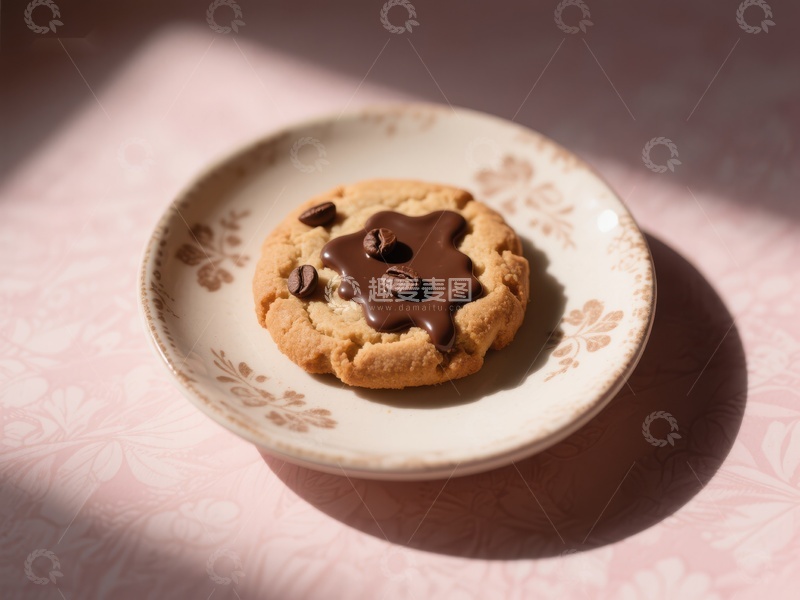 高清大图下载【趣麦麦图】巧克力装饰饼干置于花纹盘中