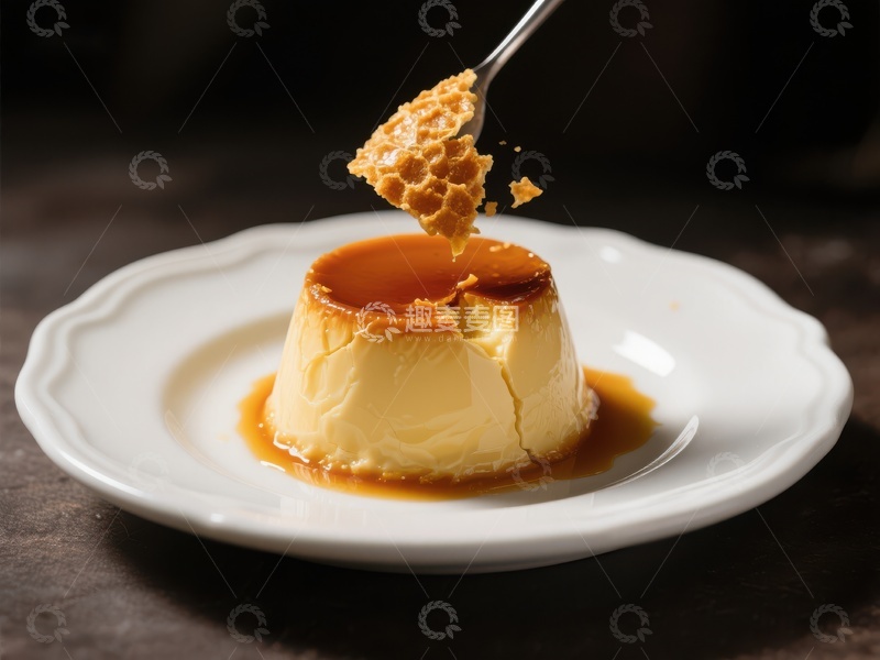 高清大图下载【趣麦麦图】焦糖布丁特写，勺子舀起瞬间