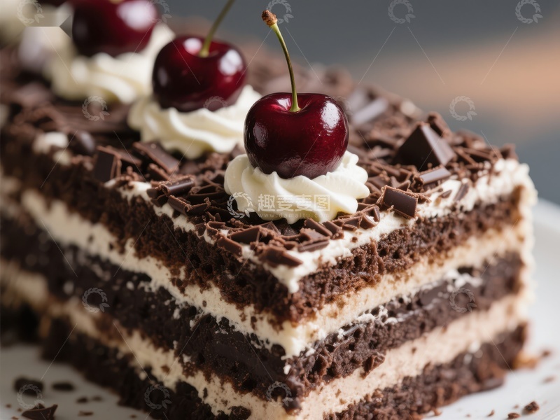 高清大图下载【趣麦麦图】黑森林蛋糕切片，樱桃点缀