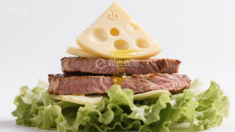 高清大图下载【趣麦麦图】牛排配奶酪生菜堆叠