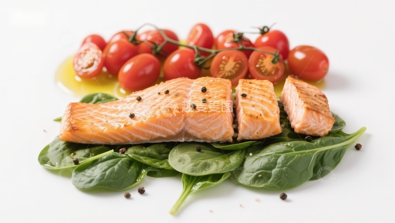 高清大图下载【趣麦麦图】三文鱼配樱桃番茄与菠菜