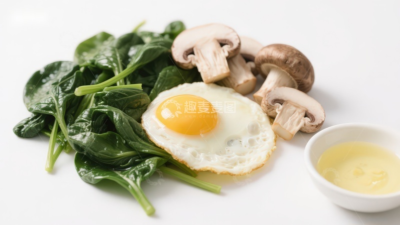 高清大图下载【趣麦麦图】煎蛋配菠菜和蘑菇