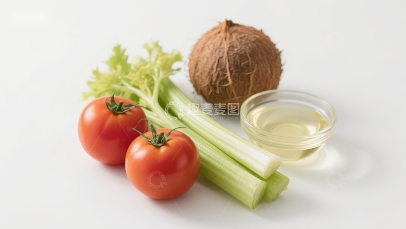高清大图下载【趣麦麦图】新鲜蔬菜与椰子油食材展示