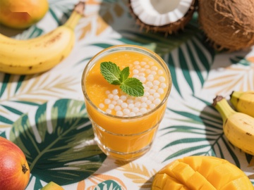 芒果椰奶西米露，热带水果饮品