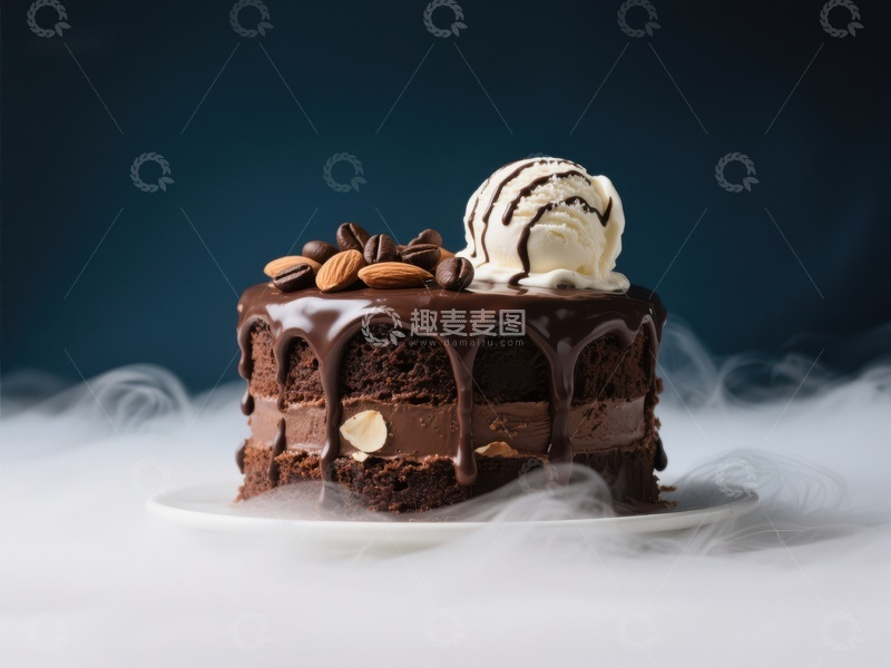 高清大图下载【趣麦麦图】巧克力蛋糕配冰淇淋与烟雾效果