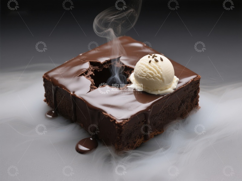 高清大图下载【趣麦麦图】巧克力布朗尼配冰淇淋，烟雾缭绕