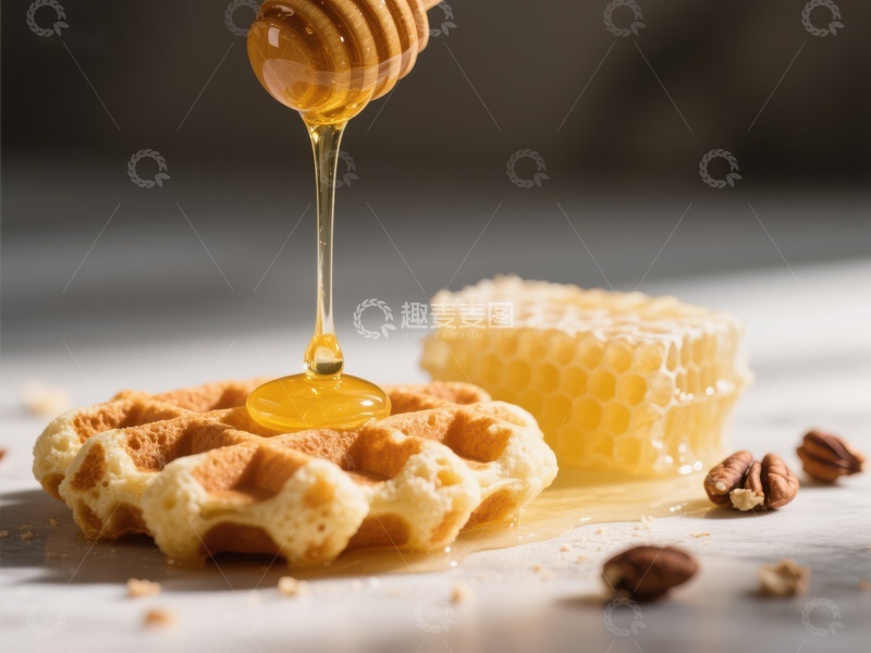 高清大图下载【趣麦麦图】蜂蜜滴落华夫饼，甜蜜瞬间