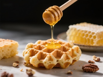 蜂蜜浇灌在松饼上的美味瞬间