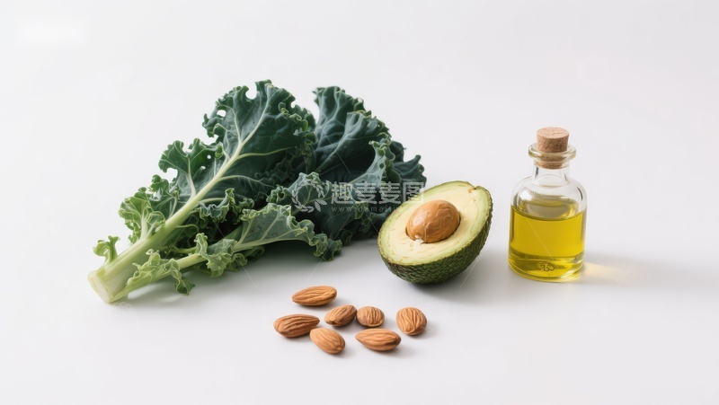 高清大图下载【趣麦麦图】健康食材组合：羽衣甘蓝、牛油果与坚果