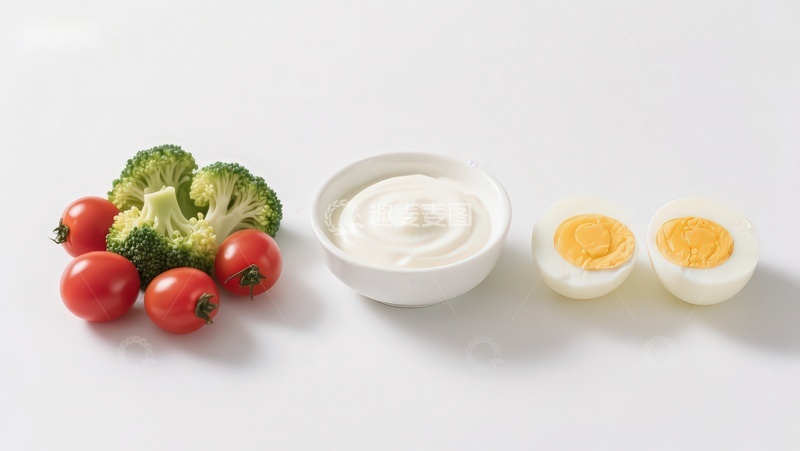 高清大图下载【趣麦麦图】蔬菜鸡蛋酸奶组合摆拍