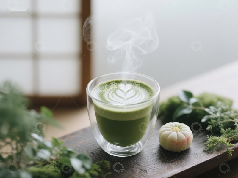 高清大图下载【趣麦麦图】热气腾腾的抹茶拿铁与绿植相伴