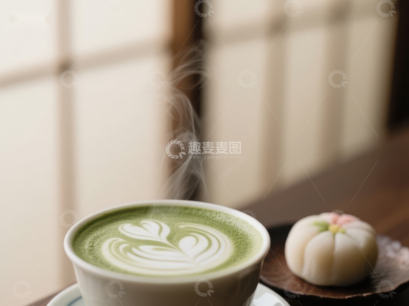 高清大图下载【趣麦麦图】热气腾腾的抹茶拿铁与和果子