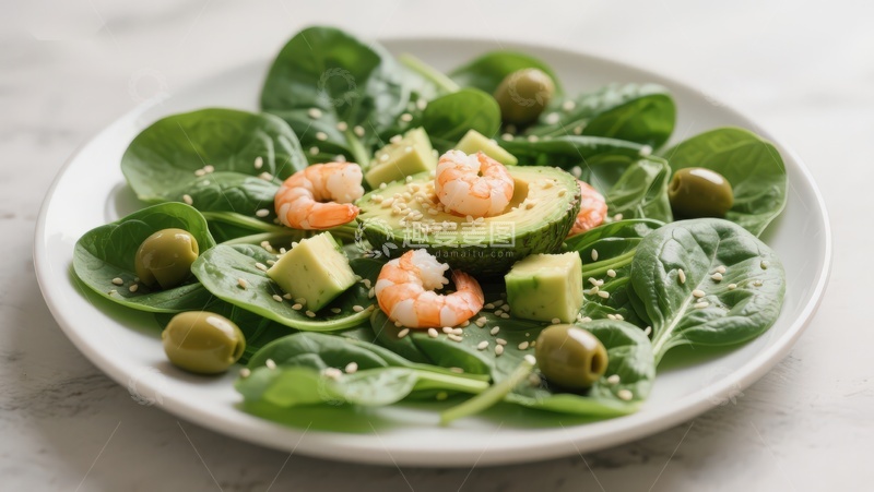 高清大图下载【趣麦麦图】虾仁牛油果菠菜沙拉