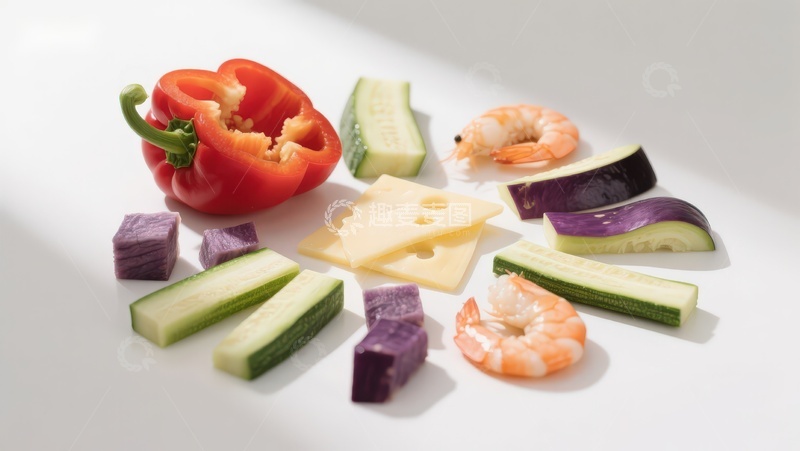 高清大图下载【趣麦麦图】新鲜蔬菜与虾仁切块摆盘