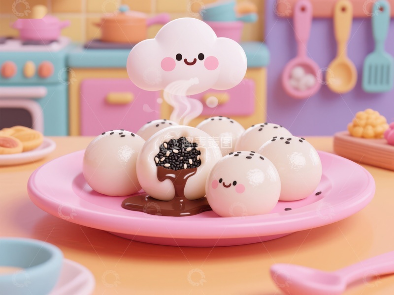 高清大图下载【趣麦麦图】-可爱汤圆与蒸汽云朵的温馨厨房场景