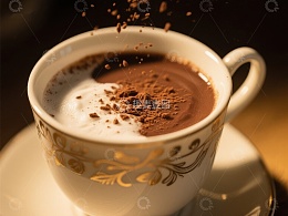 热巧克力撒上可可粉的瞬间