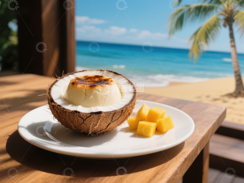 高清大图下载【趣麦麦图】椰壳甜品与芒果块，海边美景相伴