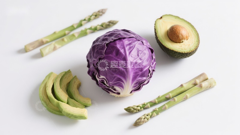 高清大图下载【趣麦麦图】紫甘蓝牛油果芦笋食材组合