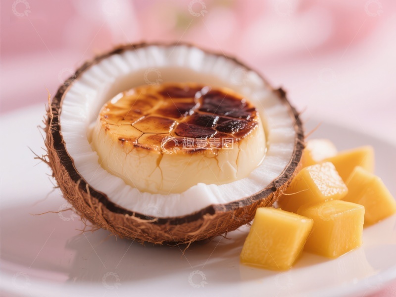 高清大图下载【趣麦麦图】椰壳中的焦糖布丁配芒果块