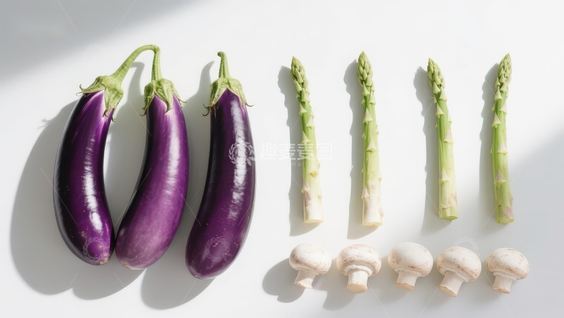 高清大图下载【趣麦麦图】茄子芦笋与蘑菇排列展示