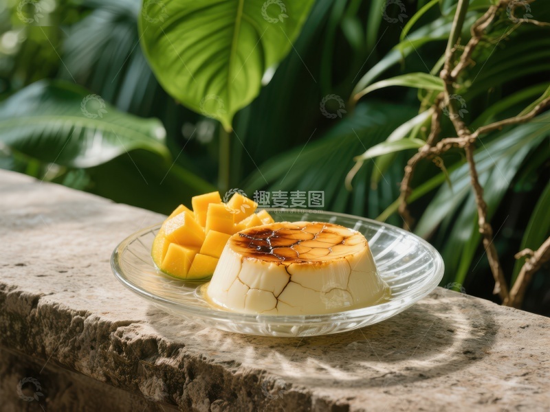 高清大图下载【趣麦麦图】芒果布丁配焦糖，热带绿植背景