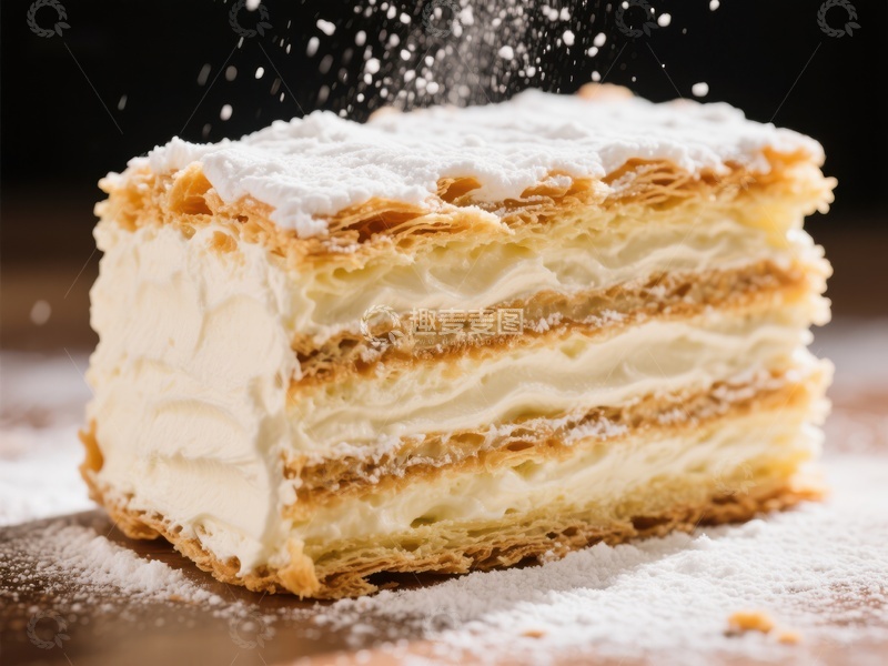 高清大图下载【趣麦麦图】奶油千层酥，撒上糖粉的美味瞬间