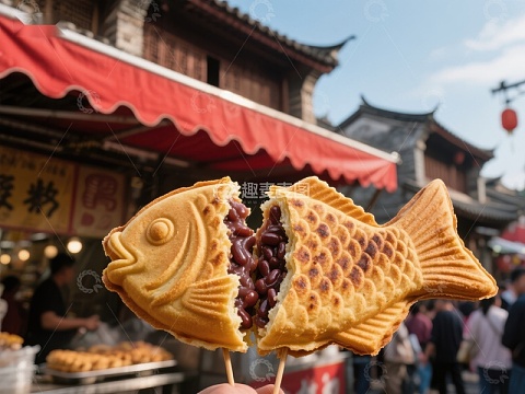 街头美食：鱼形红豆饼