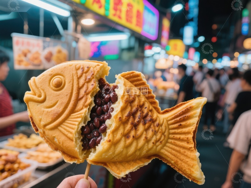 高清大图下载【趣麦麦图】夜市鱼形饼，红豆馅料诱人
