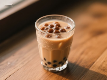一杯珍珠奶茶静置木质桌面