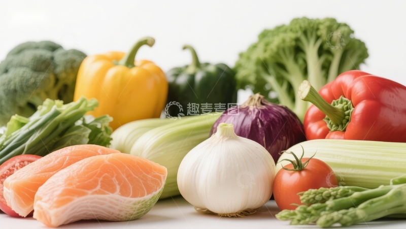 高清大图下载【趣麦麦图】新鲜蔬菜与三文鱼食材展示