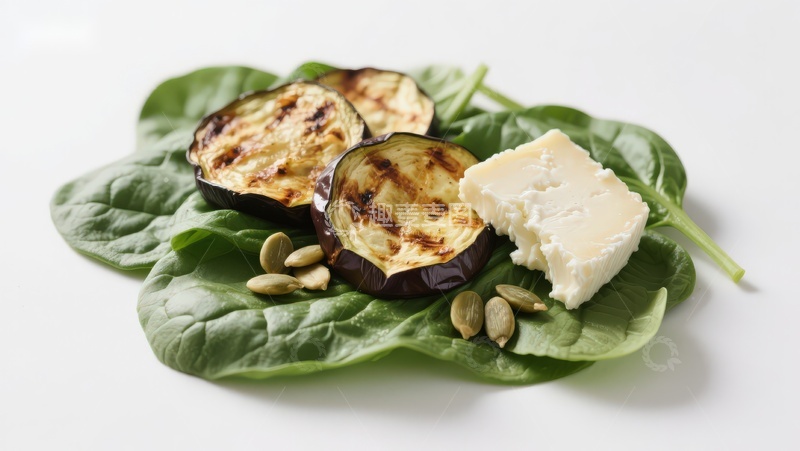 高清大图下载【趣麦麦图】烤茄子配奶酪与菠菜
