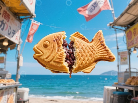 海边摊位上的鱼形红豆饼