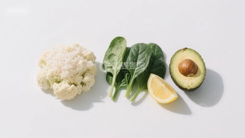 高清大图下载【趣麦麦图】花椰菜、菠菜、牛油果与柠檬