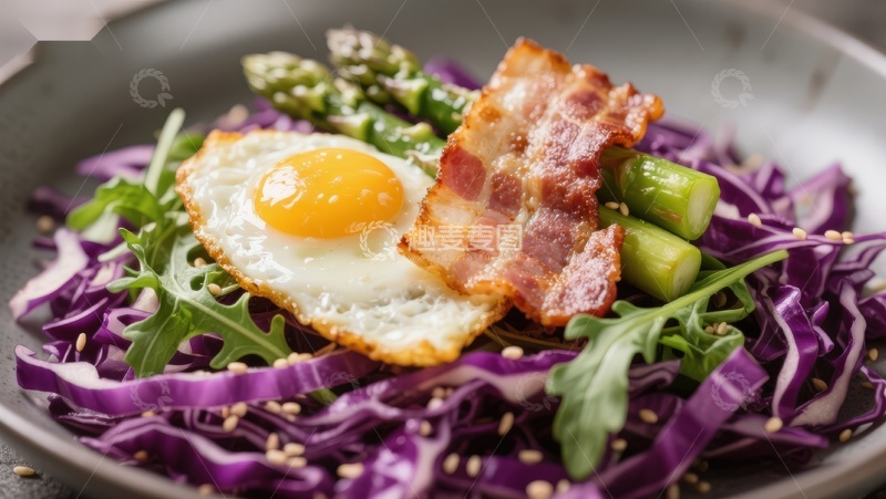 高清大图下载【趣麦麦图】紫甘蓝沙拉配煎蛋培根