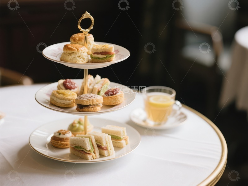 高清大图下载【趣麦麦图】三层点心架上的精致下午茶