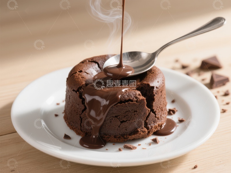高清大图下载【趣麦麦图】热巧克力熔岩蛋糕，勺子舀出浓郁流心