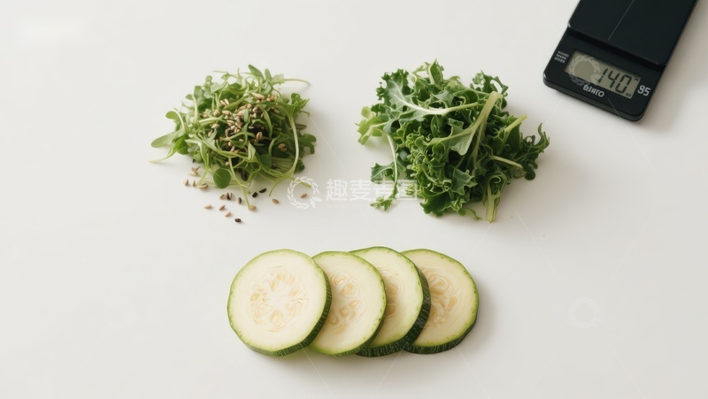 高清大图下载【趣麦麦图】蔬菜切片与绿叶菜称重