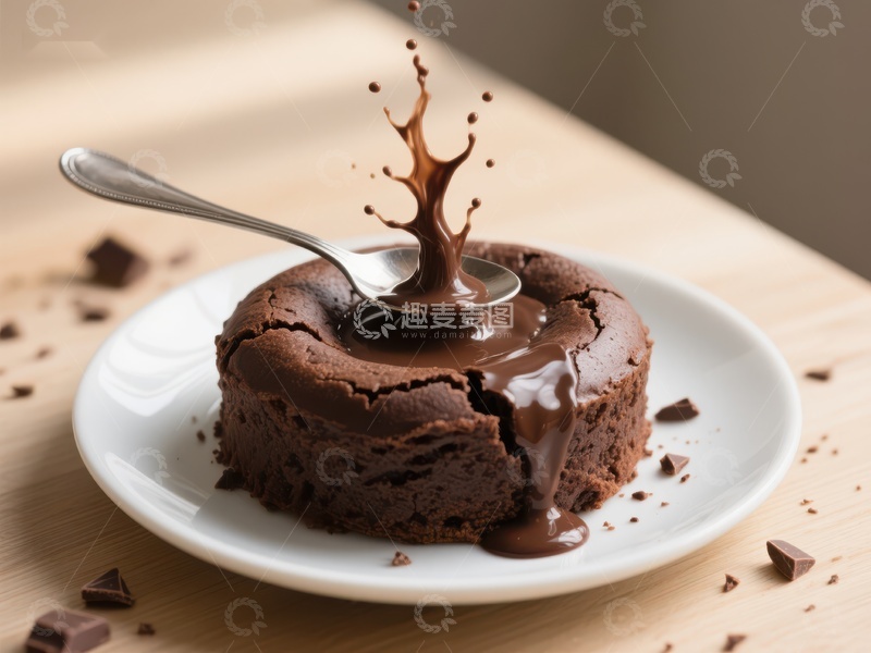 高清大图下载【趣麦麦图】巧克力熔岩蛋糕被勺子舀起瞬间