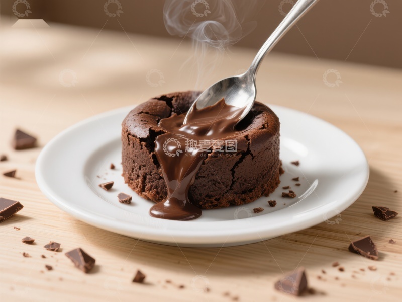 高清大图下载【趣麦麦图】热巧克力熔岩蛋糕，勺子舀出浓郁流心