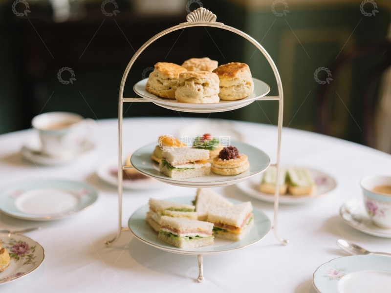 高清大图下载【趣麦麦图】三层架上的精致下午茶点心