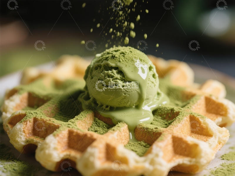 高清大图下载【趣麦麦图】抹茶冰淇淋点缀的松脆华夫饼